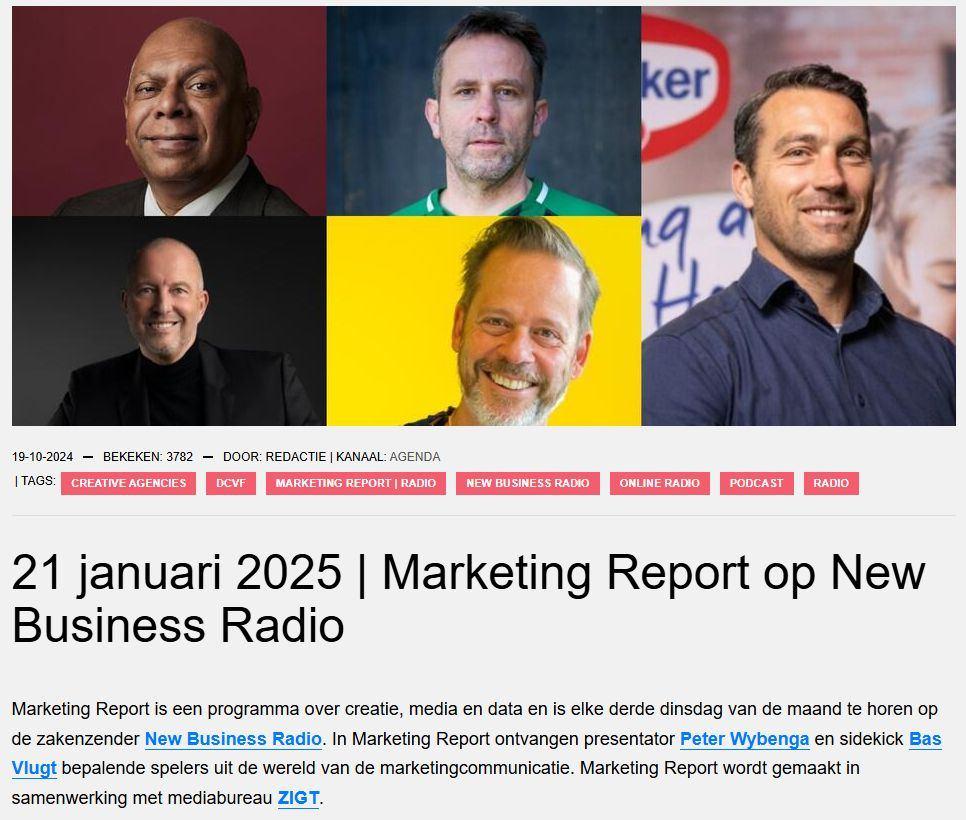 Marketing Report is een maandelijks programma over marketing, creatie en media waarin presentator Peter Wybenga en sidekick Bas Vlugt bepalende spelers ontvangen uit de wereld van de marketingcommunicatie. image